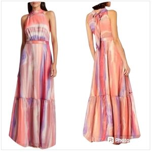 Tahari ASL Tie Dye Metallic Printed Chiffon Mockneck A-Line Maxi Dress Sz 8